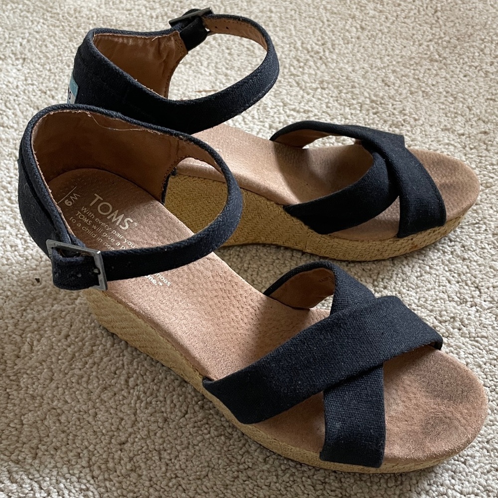 Toms Black Ankle Strap Wedges